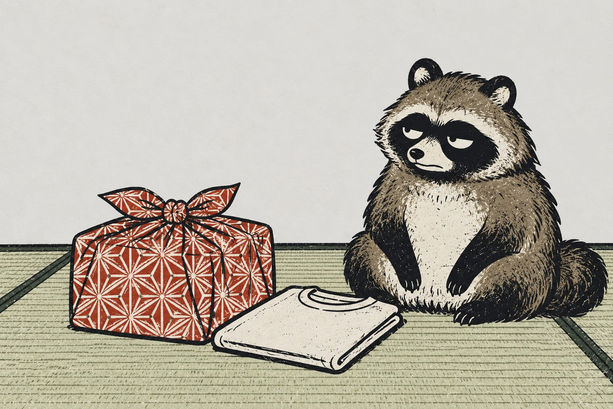 A tanuki sitting beside a gift wrapped in a red furoshiki cloth and a folded T-shirt on tatami