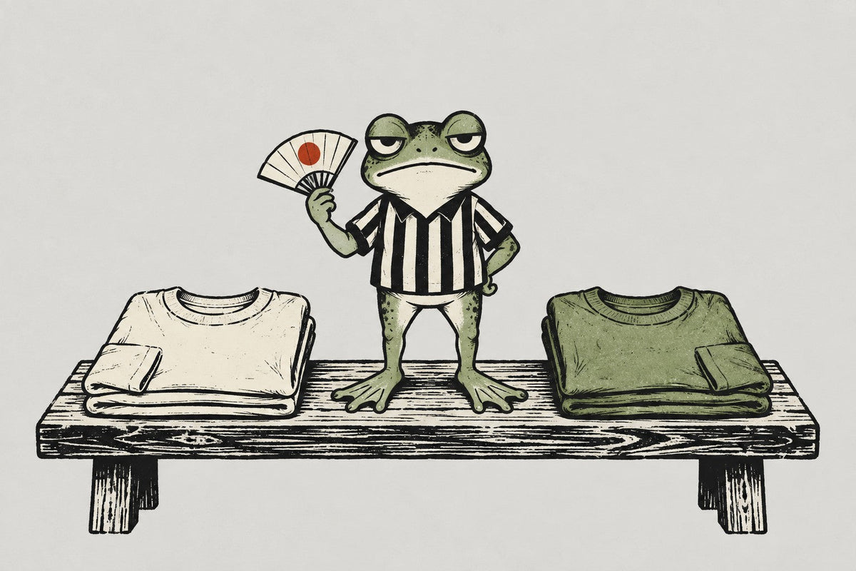 A frog referee with a paper fan standing between two folded T-shirts on a wooden bench
