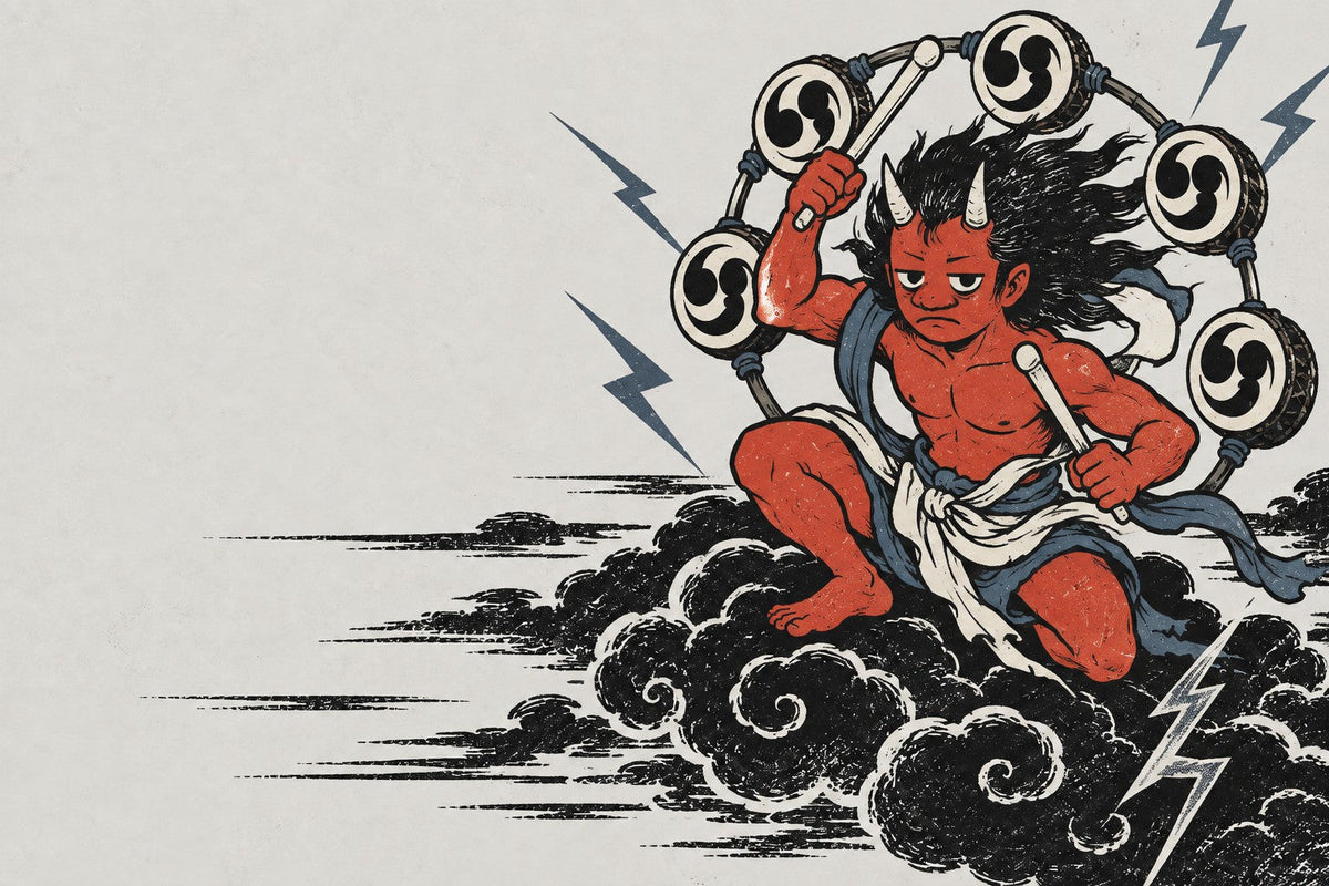 Raijin, the red Japanese thunder god, on a storm cloud inside his ring of taiko drums, in Japanese woodblock style