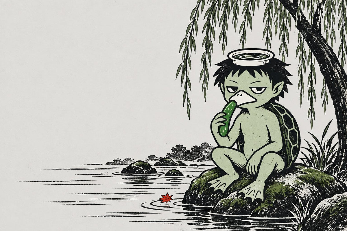 A kappa sitting on a mossy riverbank rock under a willow, eating a cucumber, in Japanese woodblock style