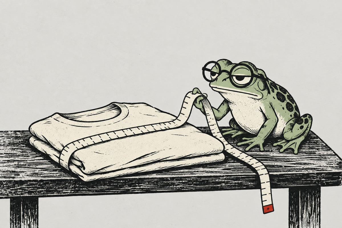 A frog in round glasses measuring a folded cream T-shirt with a tailor's tape