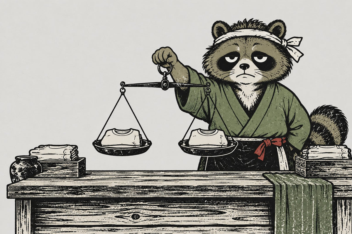 A tanuki shopkeeper weighing two folded T-shirts on a balance scale at a wooden market stall