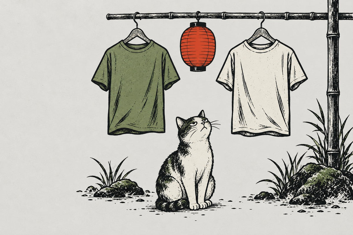 A cat looking up at two T-shirts hanging from a bamboo pole under a red paper lantern