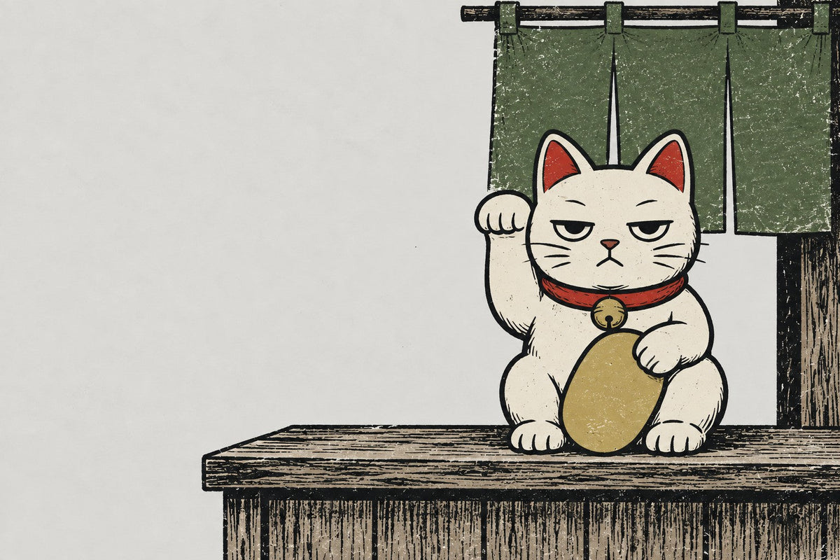 A white maneki-neko lucky cat with a raised paw and a gold koban coin on a shop counter, in Japanese woodblock style
