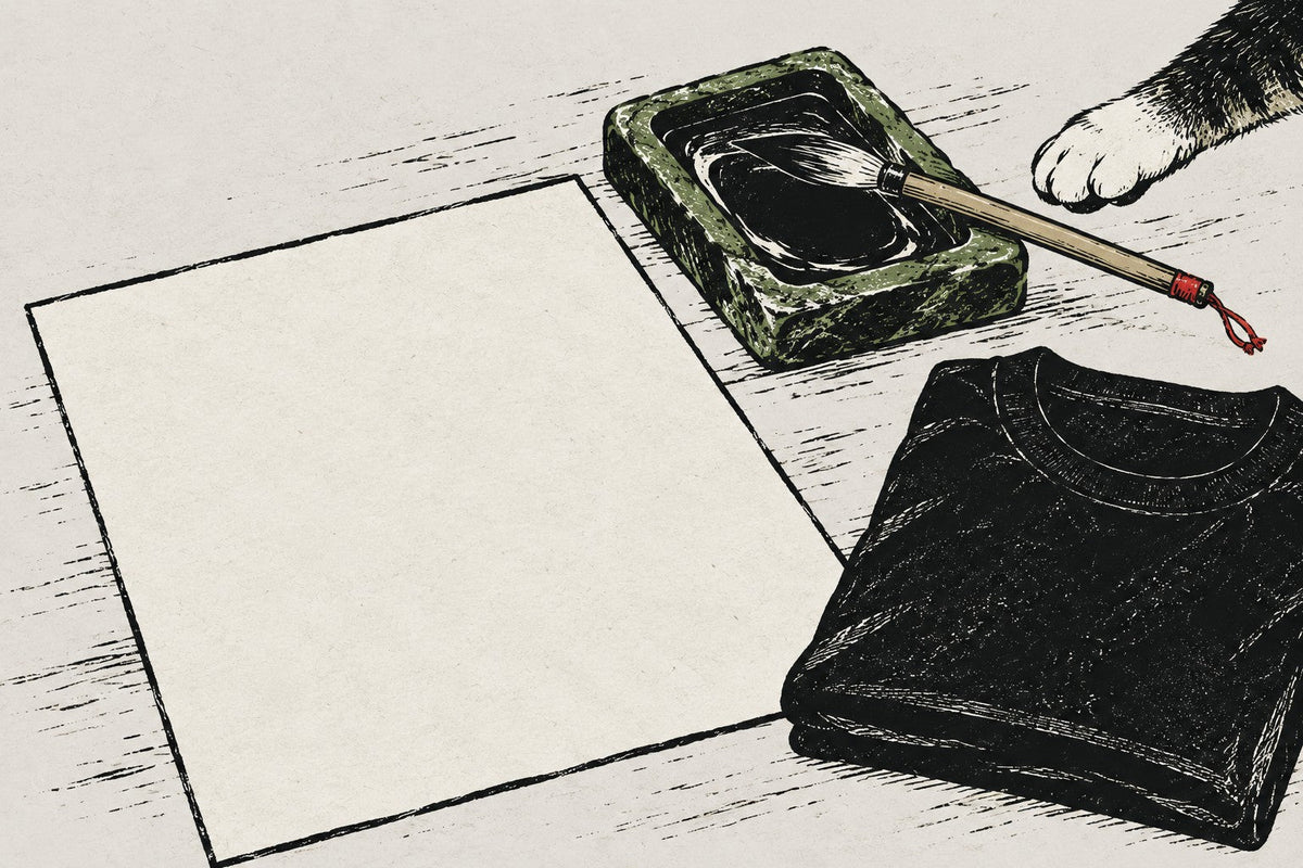 An ink stone, calligraphy brush, blank washi paper and a folded black T-shirt, with a cat paw reaching in