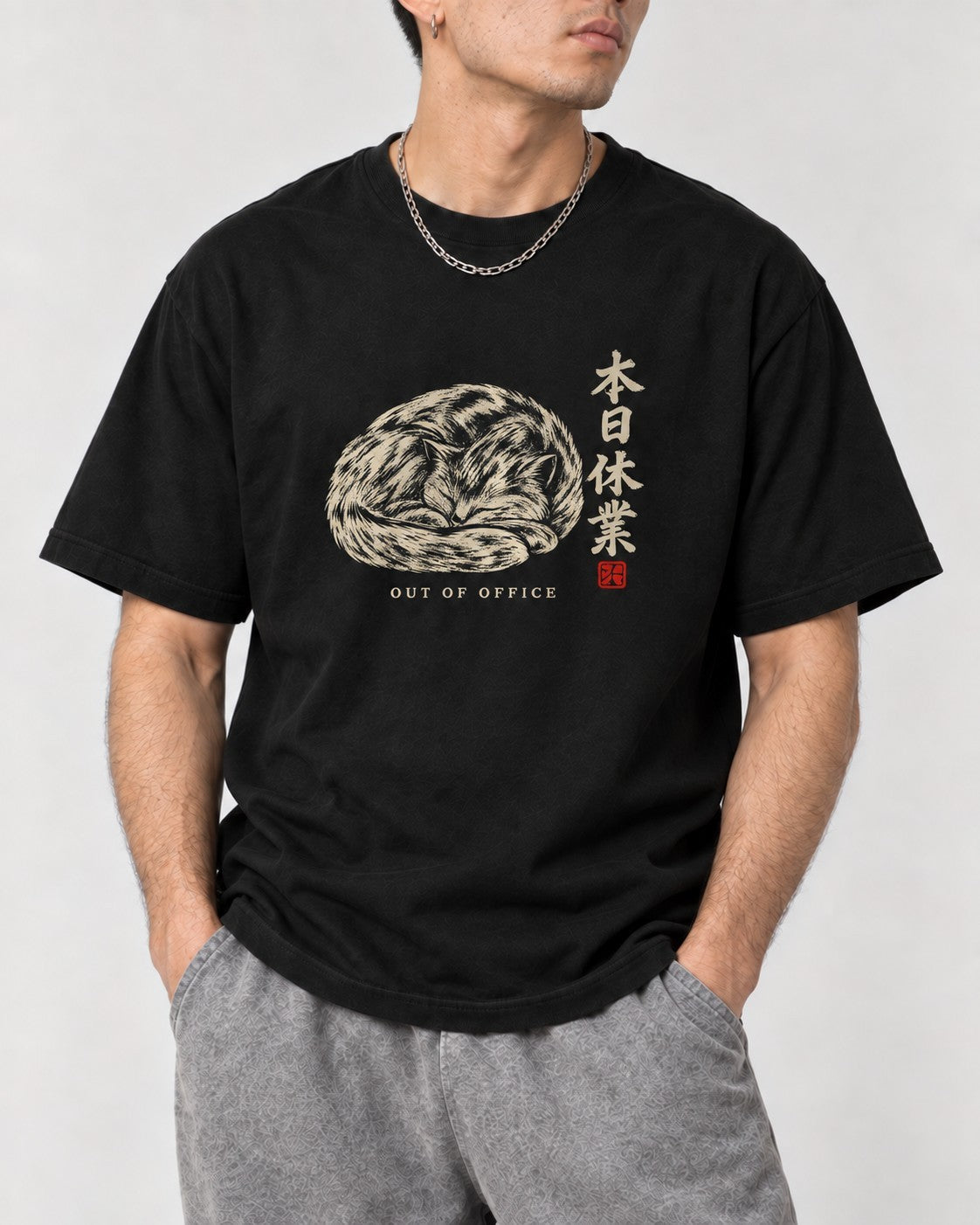 Out of Office Cat T-Shirt in Black, close-up