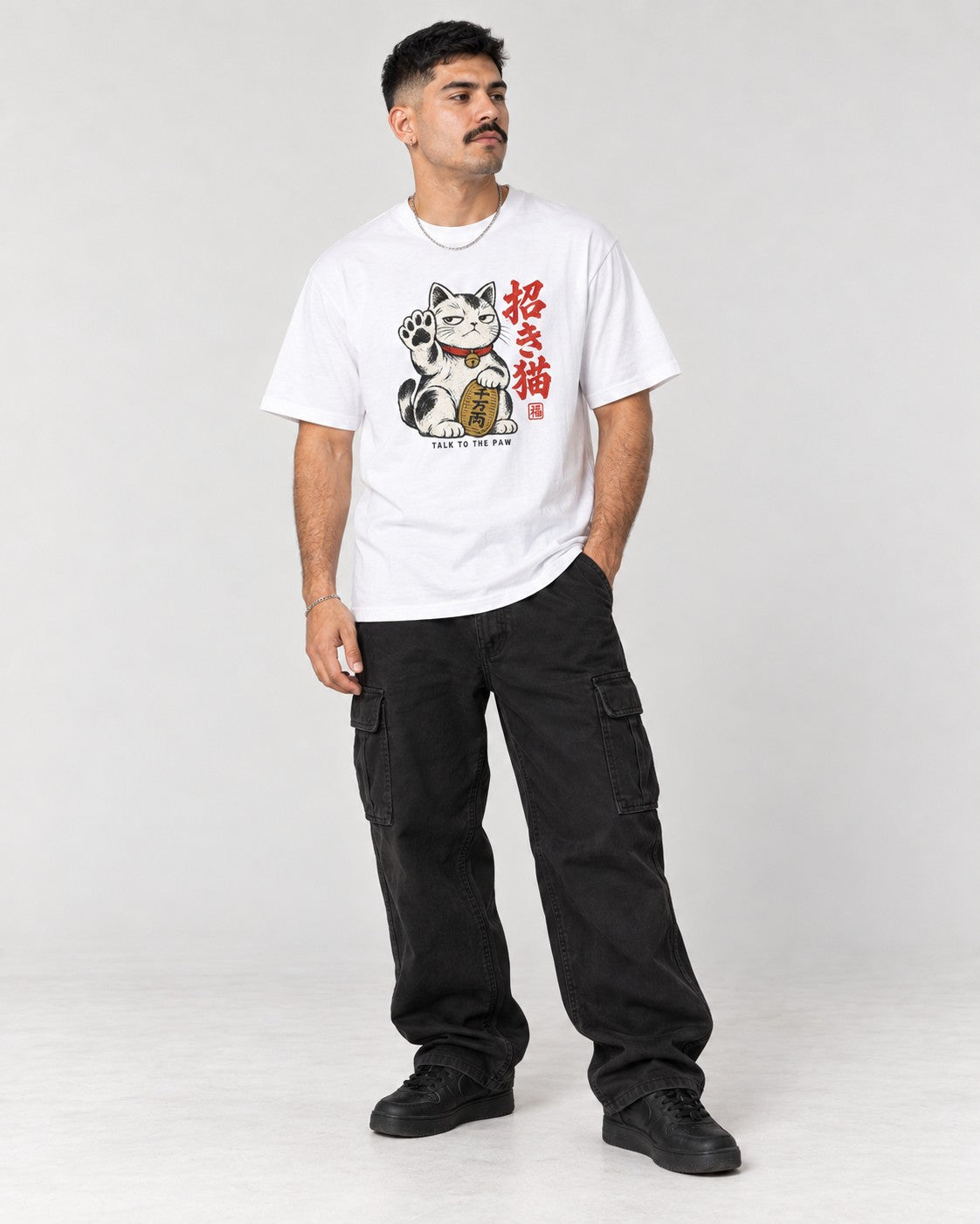 Talk to the Paw Maneki Cat T-Shirt in White, full body