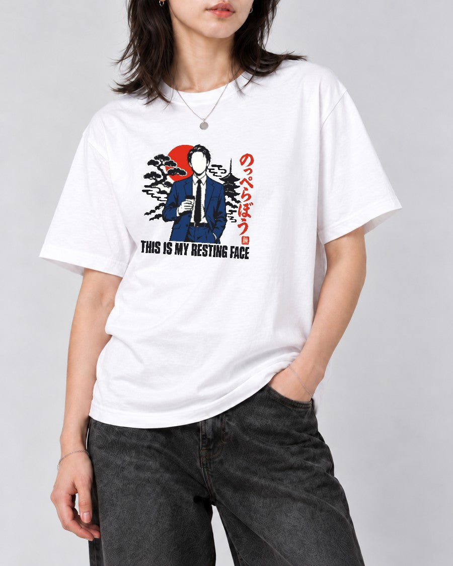 Resting Face Noppera-bo T-Shirt in White, close-up