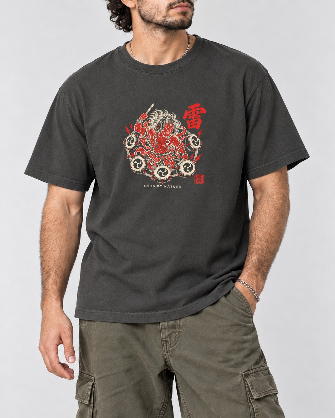 Loud by Nature Raijin T-Shirt in Pepper, close-up