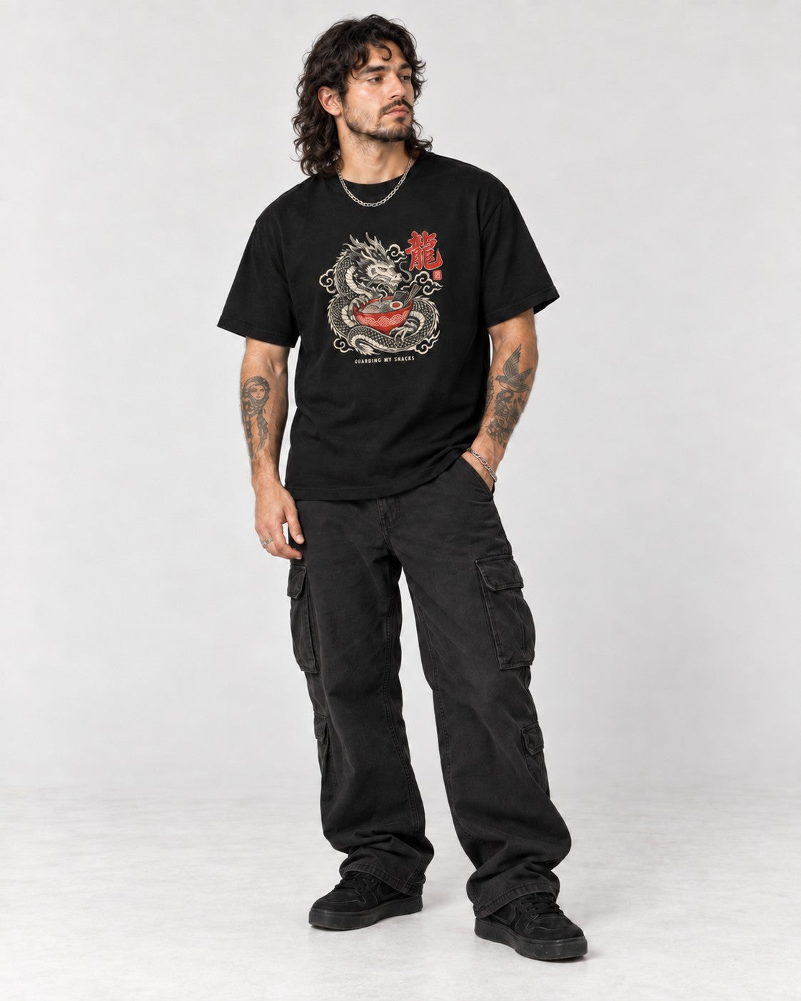 Guarding My Snacks Dragon Ramen T-Shirt in Black, full body