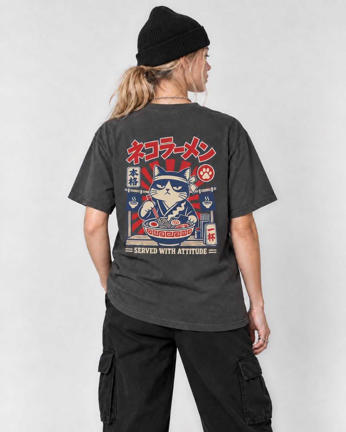 Cat Ramen Back T-Shirt in Pepper, back
