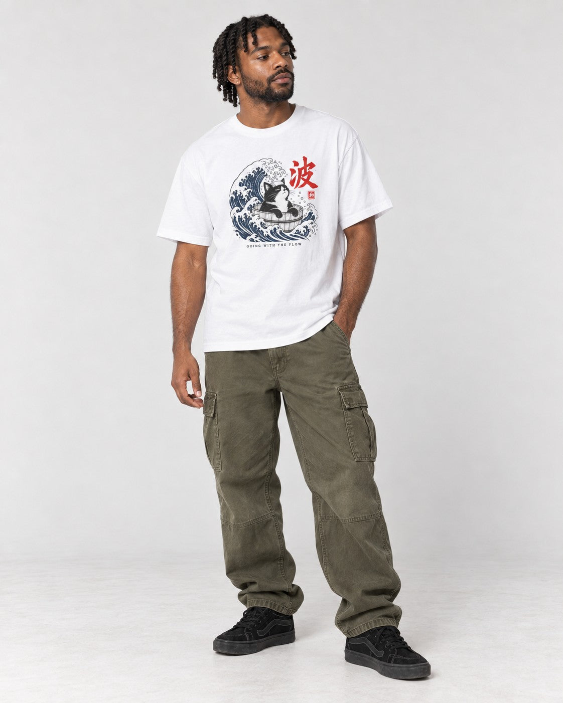 Going with the Flow Great Wave Cat T-Shirt in White, full body