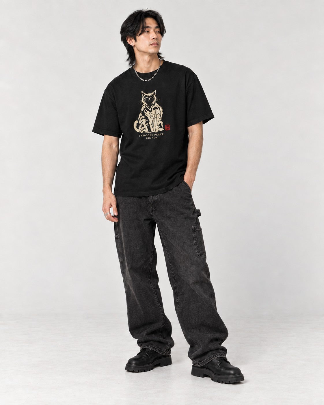 I Choose Peace Samurai Cat T-Shirt in Black, full body
