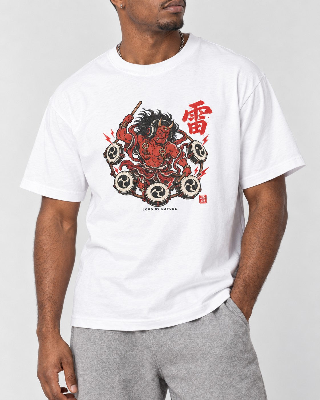 Loud by Nature Raijin T-Shirt in White, close-up