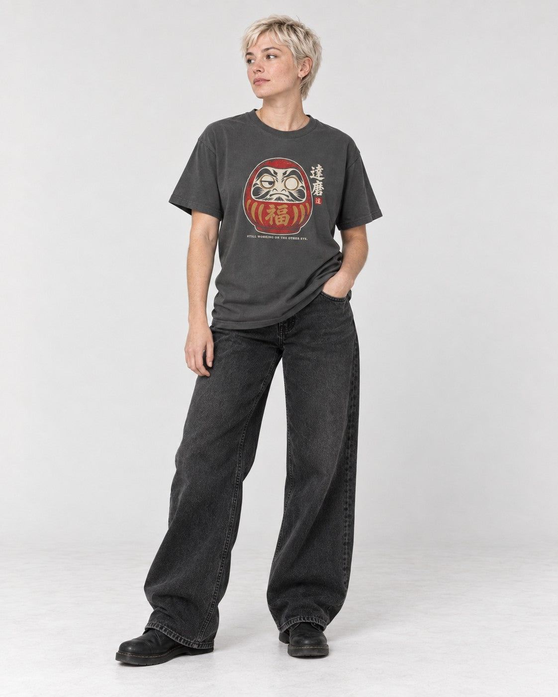 Still Working on the Other Eye Daruma T-Shirt in Pepper, full body