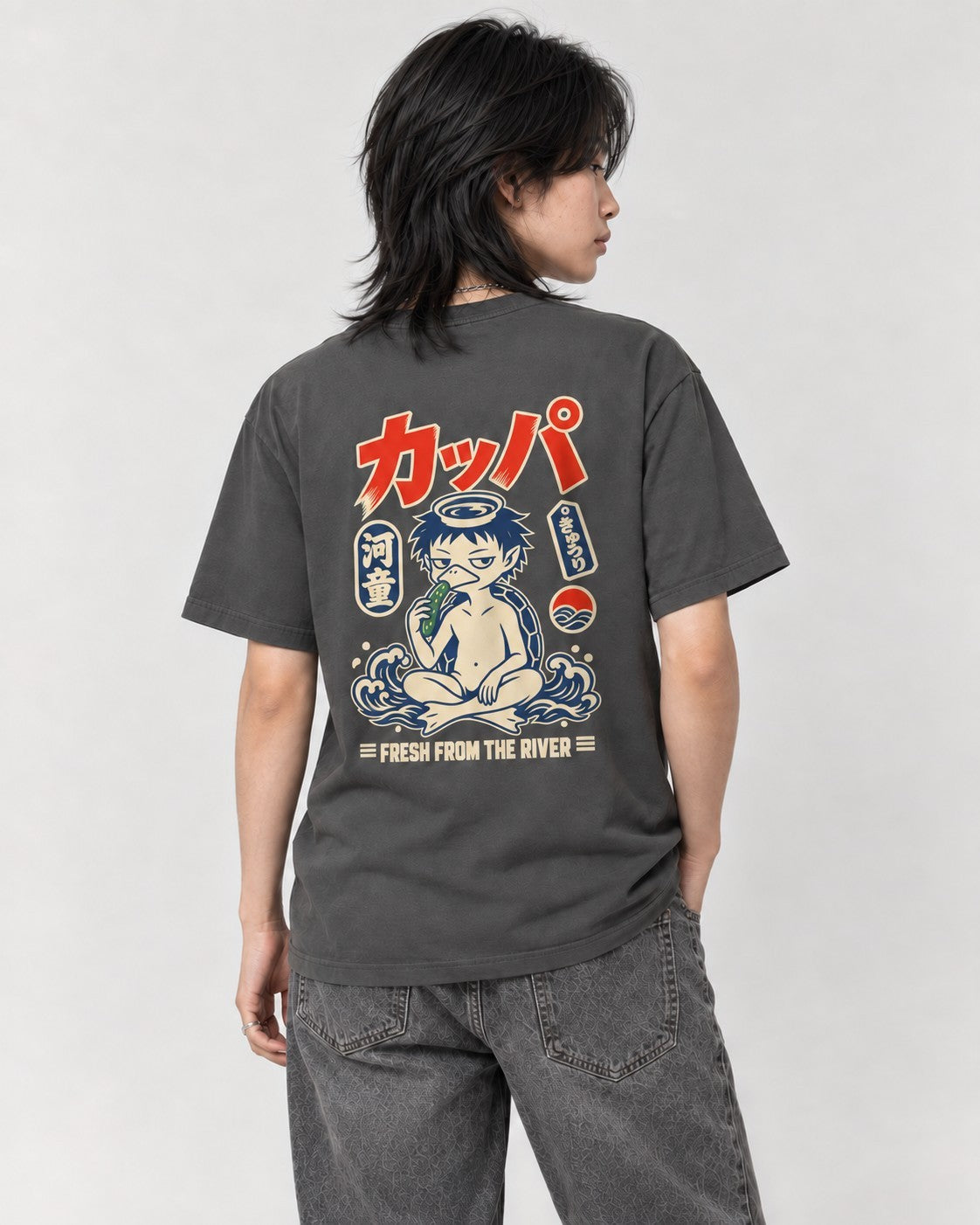 Kappa Yokai Cucumber Back T-Shirt in Pepper, back