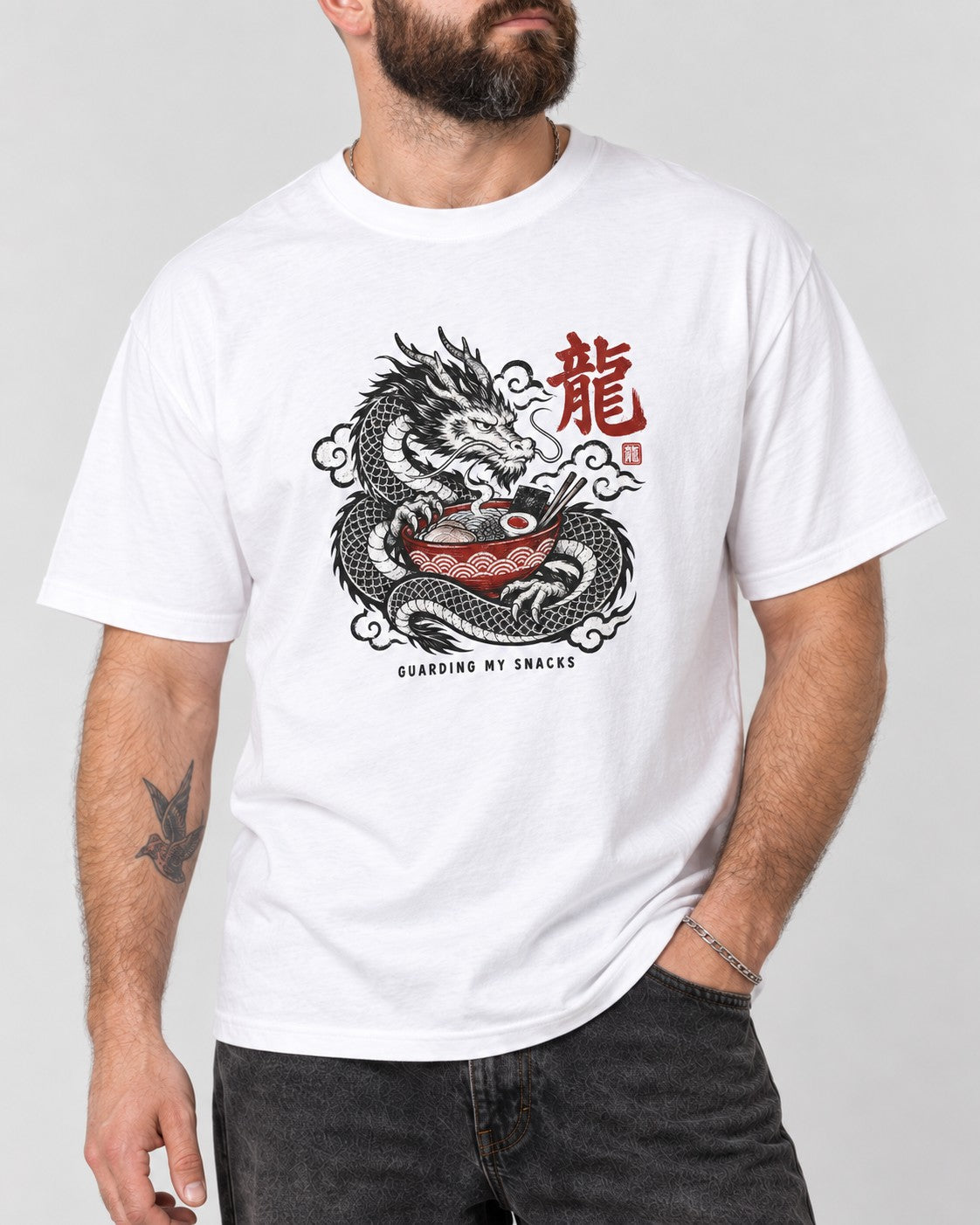 Guarding My Snacks Dragon Ramen T-Shirt in White, close-up