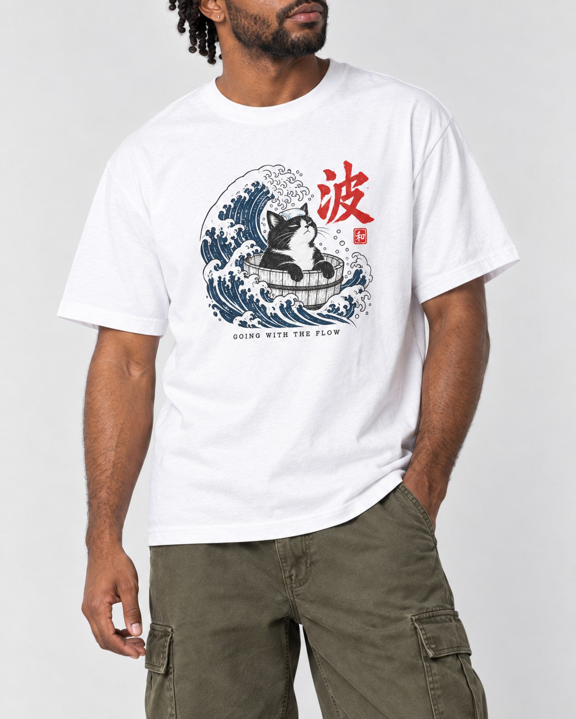 Going with the Flow Great Wave Cat T-Shirt in White, close-up