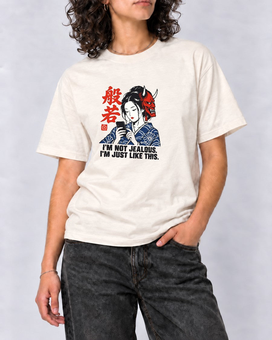Not Jealous Hannya Mask T-Shirt in Ivory, close-up