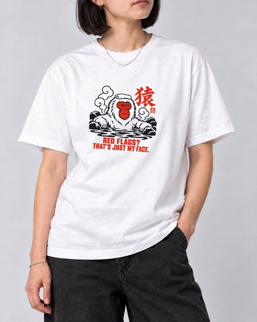 Red Flags Snow Monkey T-Shirt in White, close-up