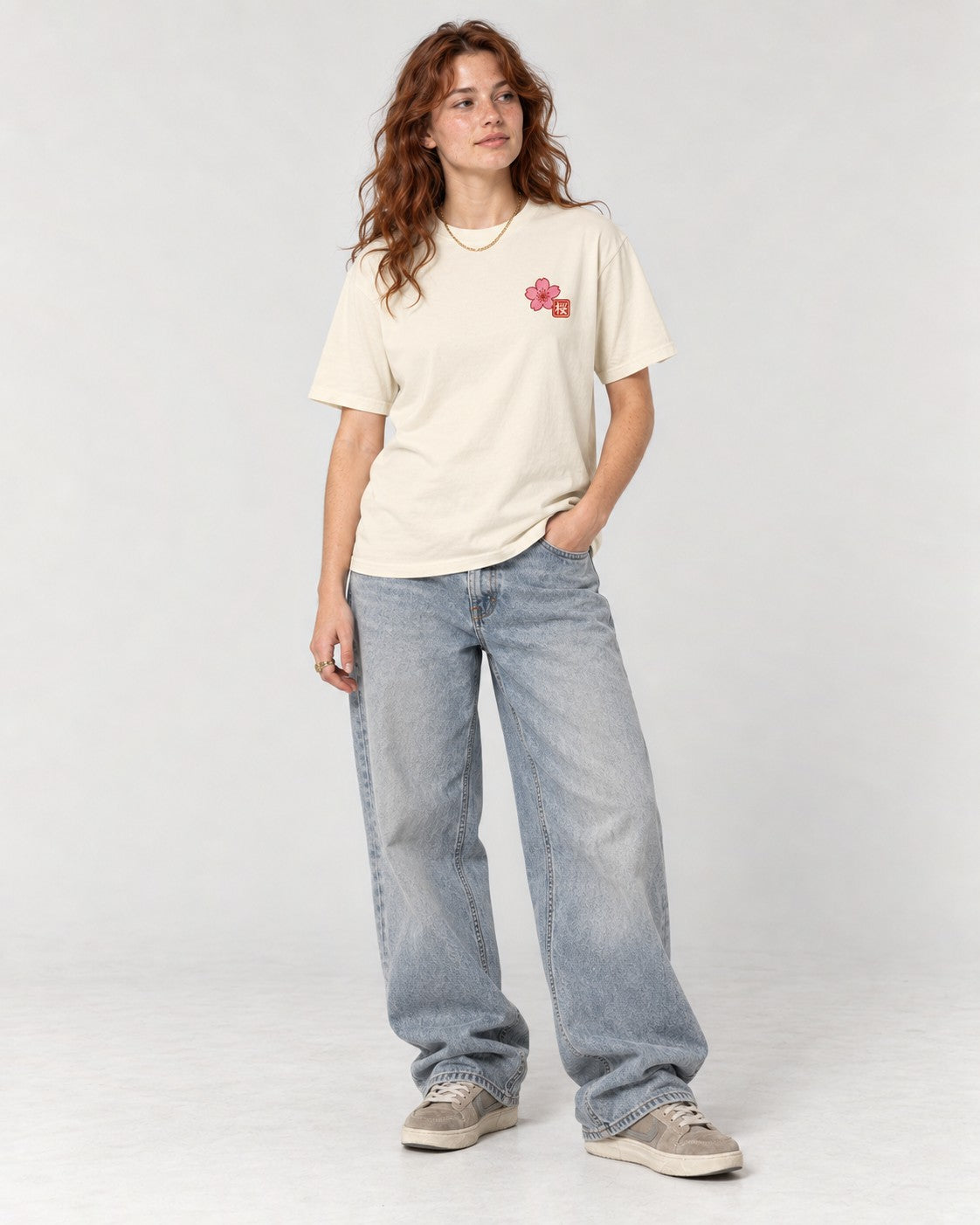 Sakura Branch Back T-Shirt in Ivory, full body