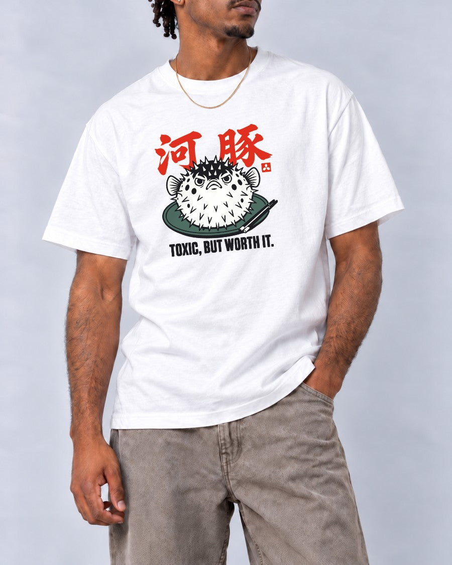 Toxic But Worth It Pufferfish T-Shirt in White, close-up