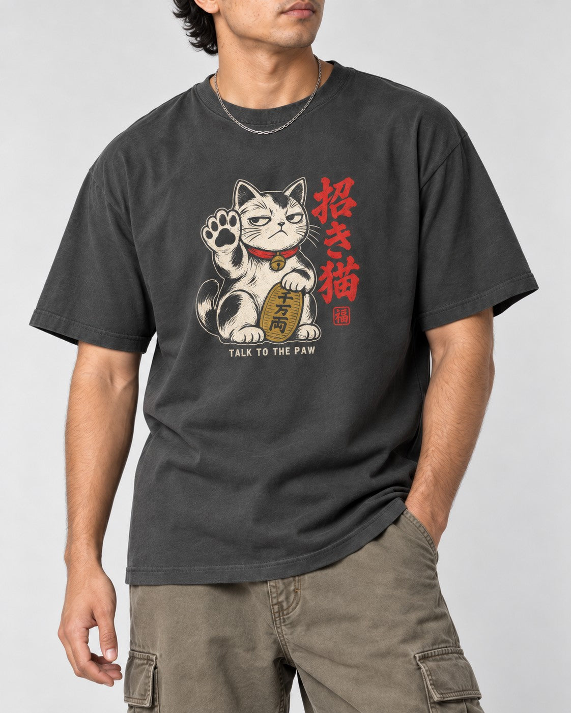 Talk to the Paw Maneki Cat T-Shirt in Pepper, close-up