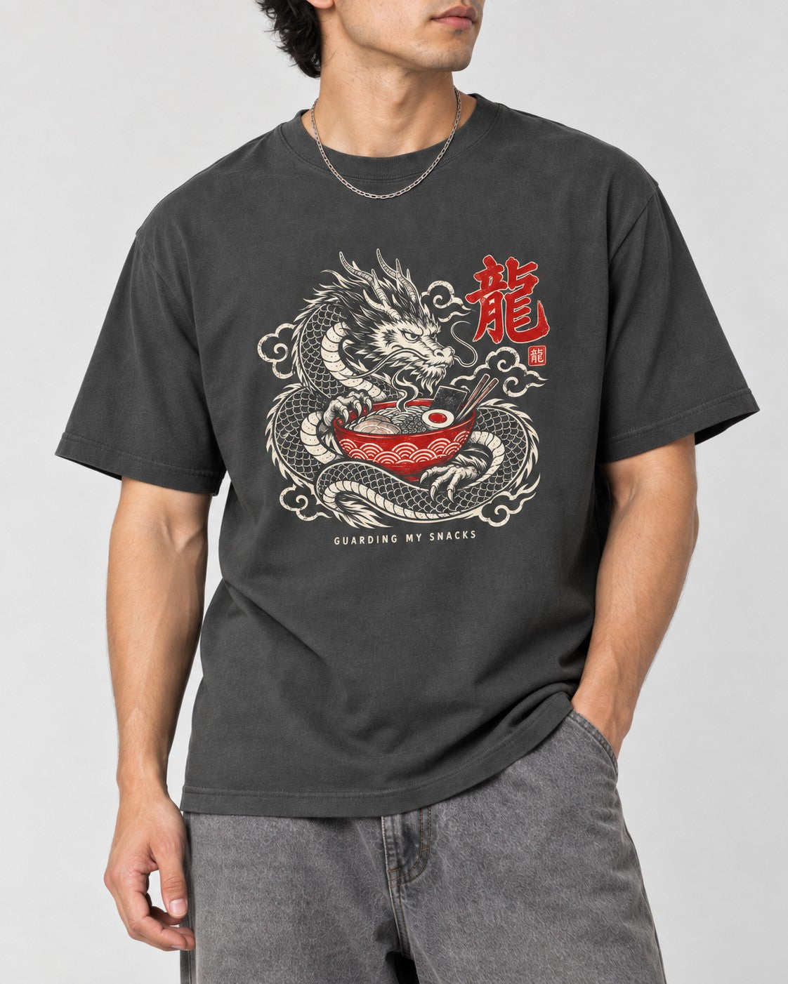 Guarding My Snacks Dragon Ramen T-Shirt in Pepper, close-up