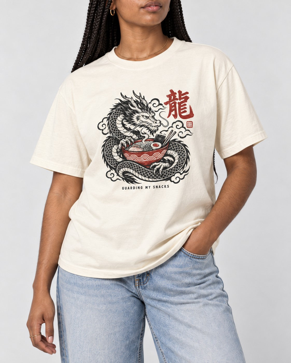 Guarding My Snacks Dragon Ramen T-Shirt in Ivory, close-up