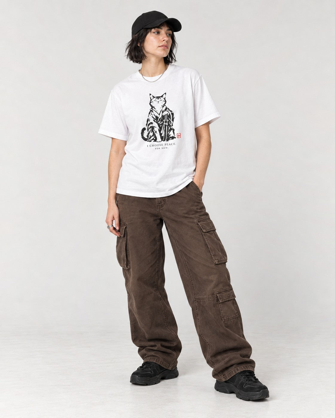 I Choose Peace Samurai Cat T-Shirt in White, full body