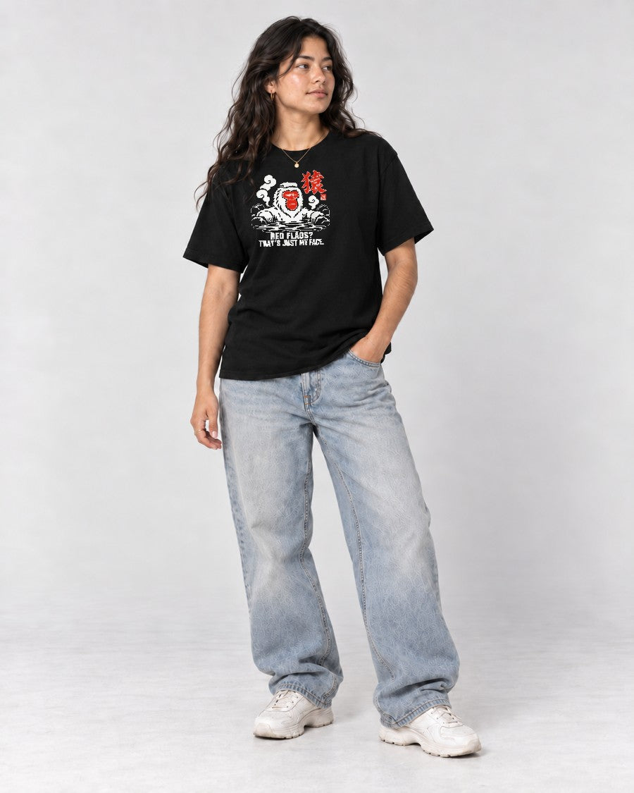 Red Flags Snow Monkey T-Shirt in Black, full body