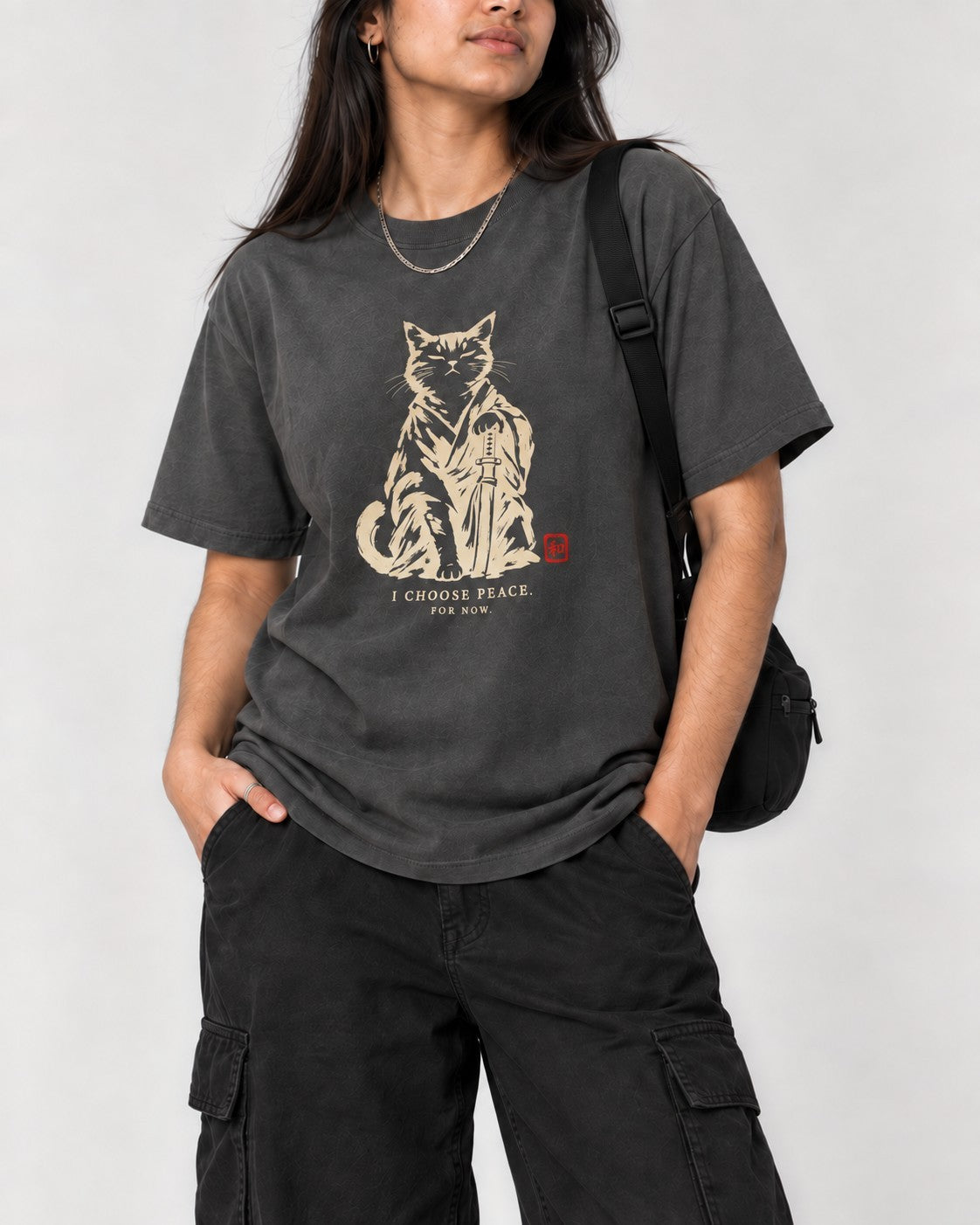 I Choose Peace Samurai Cat T-Shirt in Pepper, close-up