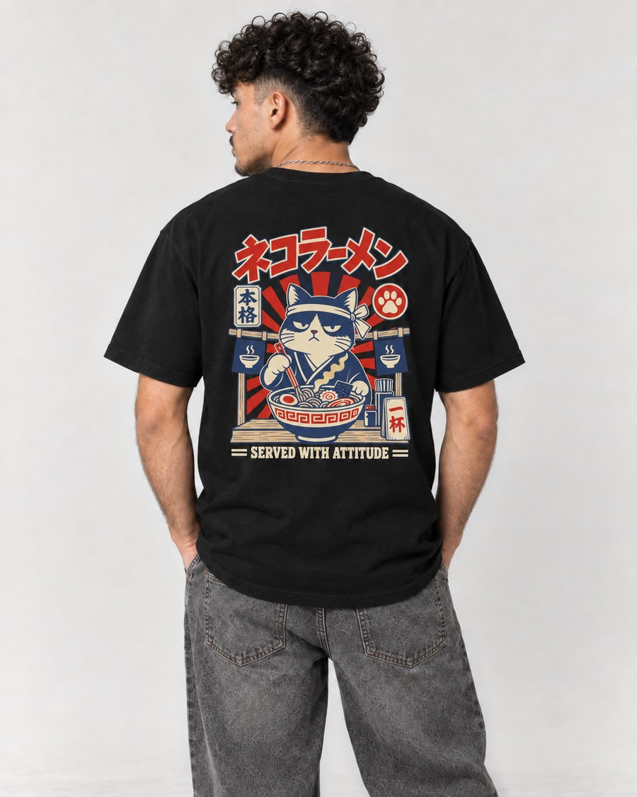 Cat Ramen Back T-Shirt in Black, back