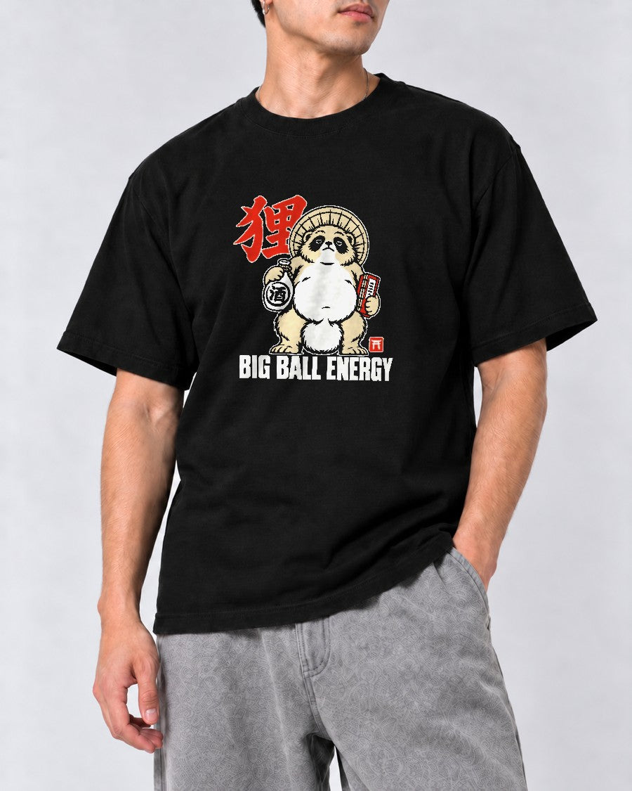 Big Ball Energy Tanuki T-Shirt in Black, close-up