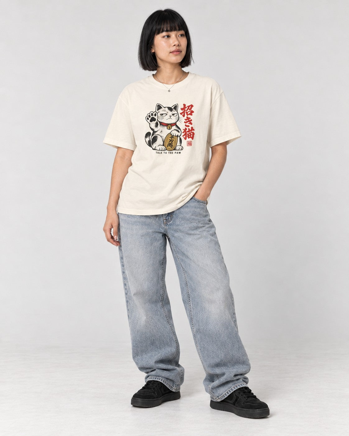 Talk to the Paw Maneki Cat T-Shirt in Ivory, full body