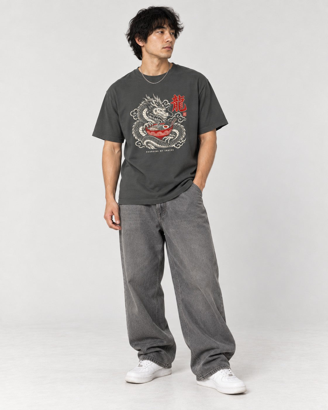 Guarding My Snacks Dragon Ramen T-Shirt in Pepper, full body