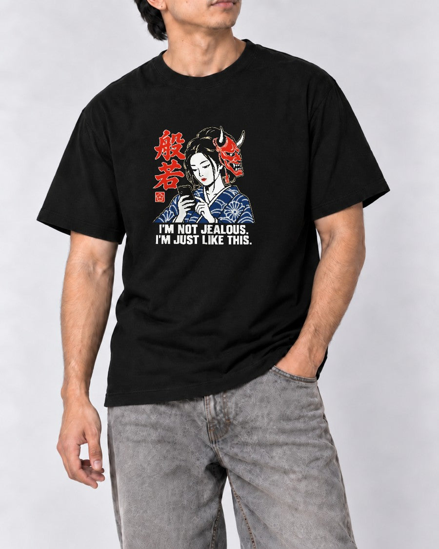 Not Jealous Hannya Mask T-Shirt in Black, close-up