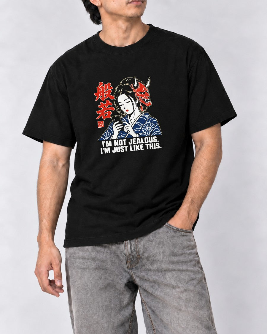 Not Jealous Hannya Mask T-Shirt in Black, close-up