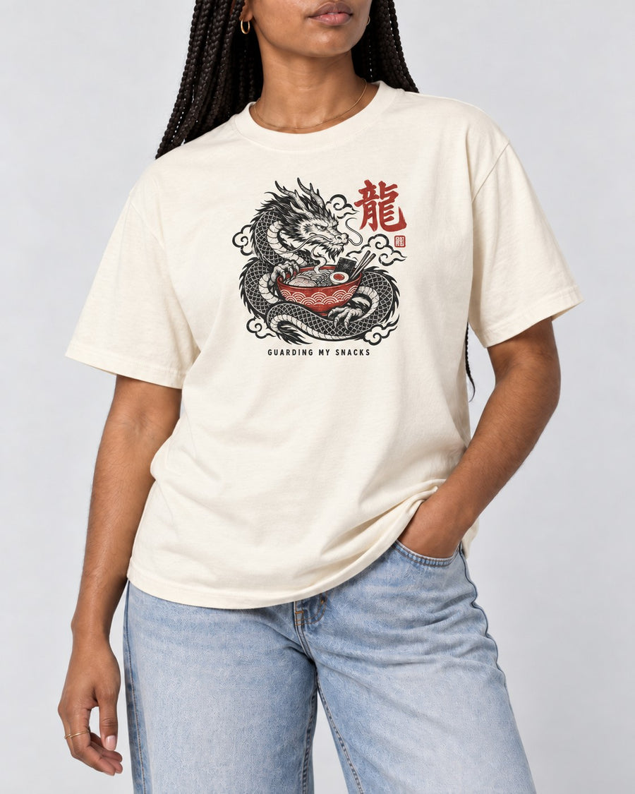 Guarding My Snacks Dragon Ramen T-Shirt in Ivory, close-up