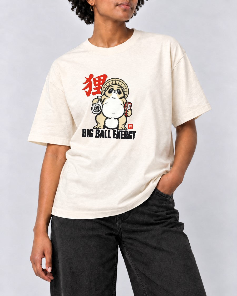 Big Ball Energy Tanuki T-Shirt in Ivory, close-up