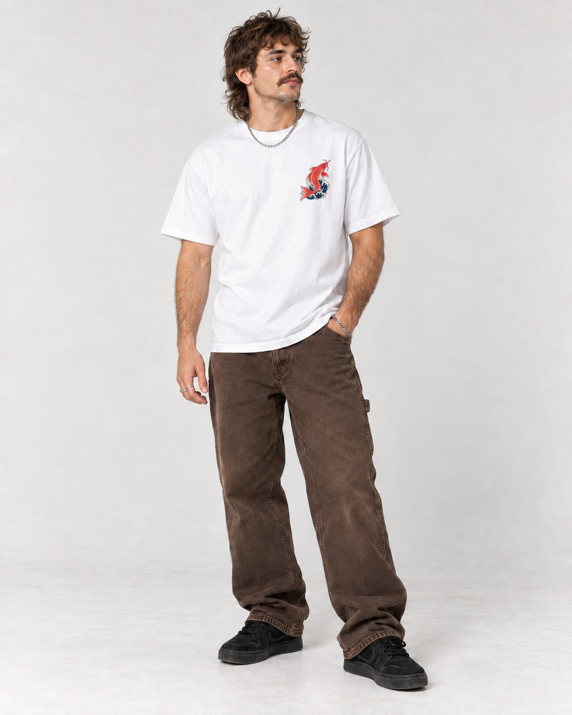 Koi Dragon Gate Back T-Shirt in White, full body
