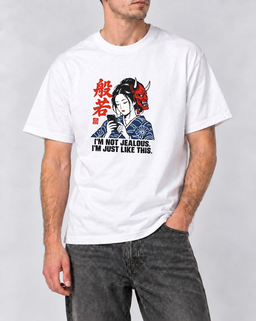 Not Jealous Hannya Mask T-Shirt in White, close-up