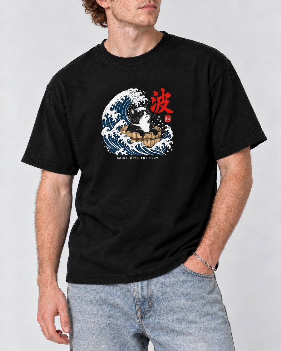 Going with the Flow Great Wave Cat T-Shirt in Black, close-up