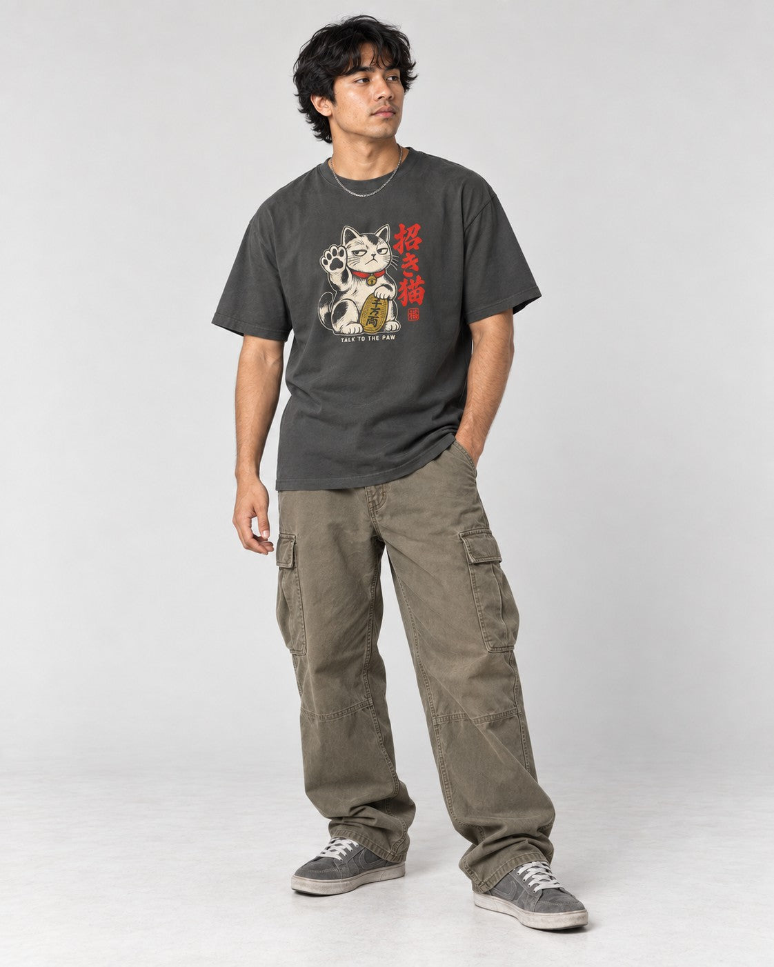 Talk to the Paw Maneki Cat T-Shirt in Pepper, full body