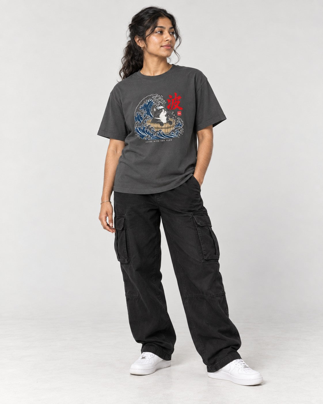 Going with the Flow Great Wave Cat T-Shirt in Pepper, full body