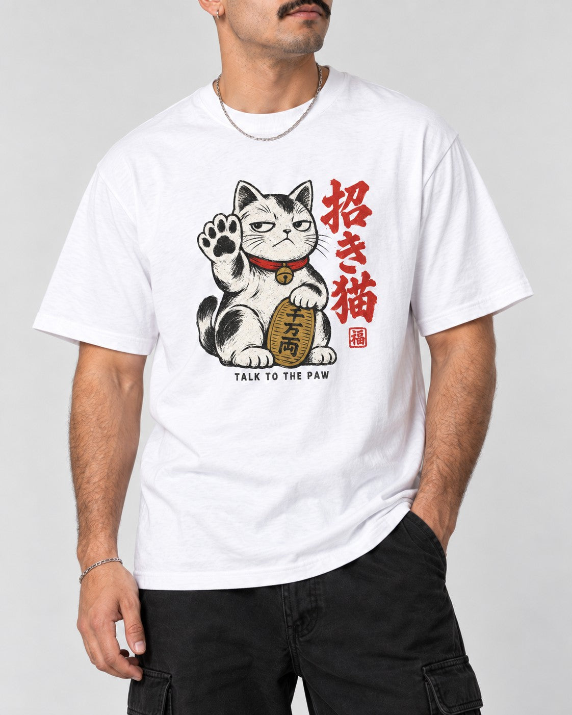 Talk to the Paw Maneki Cat T-Shirt in White, close-up
