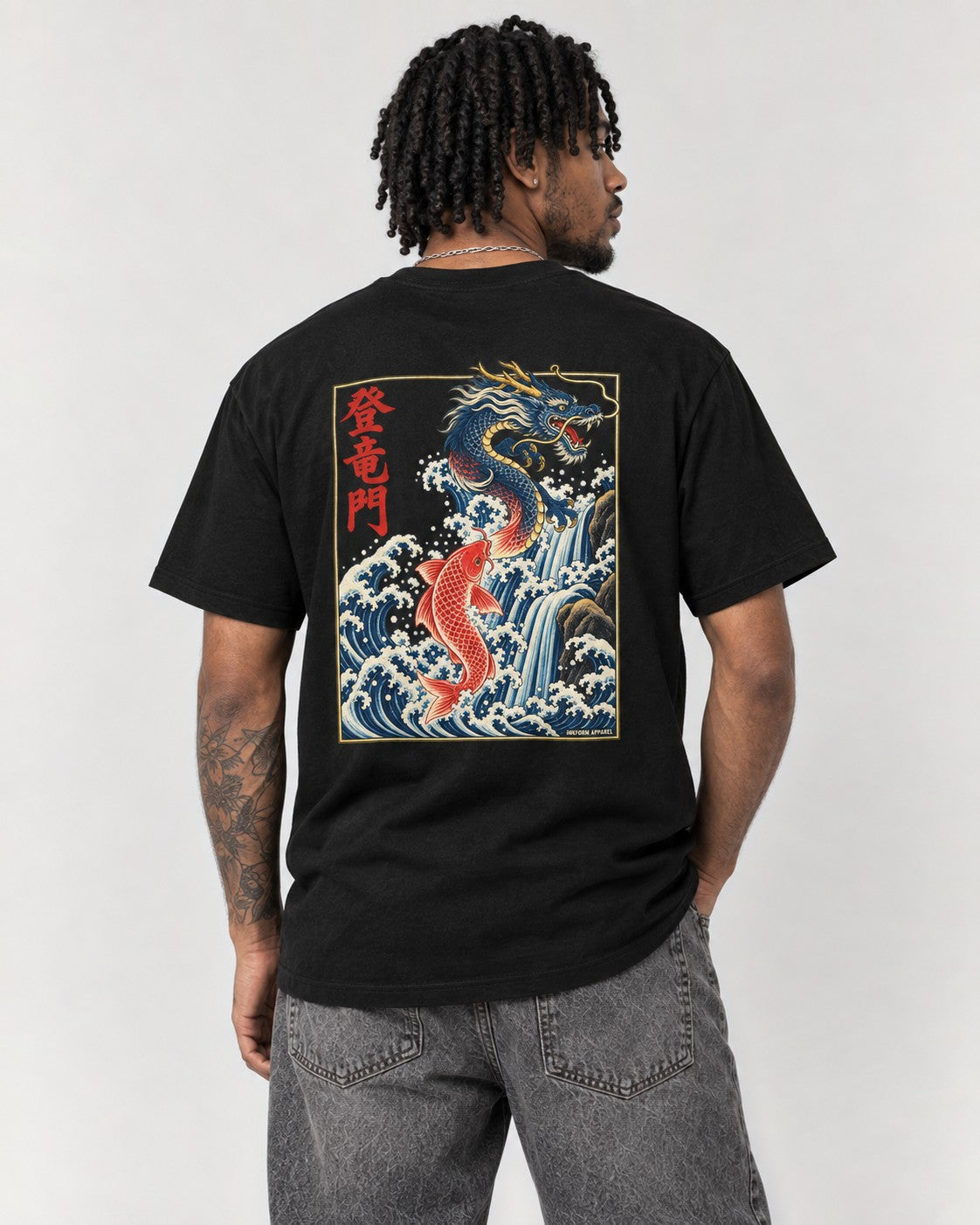 Koi Dragon Gate Back T-Shirt in Black, back