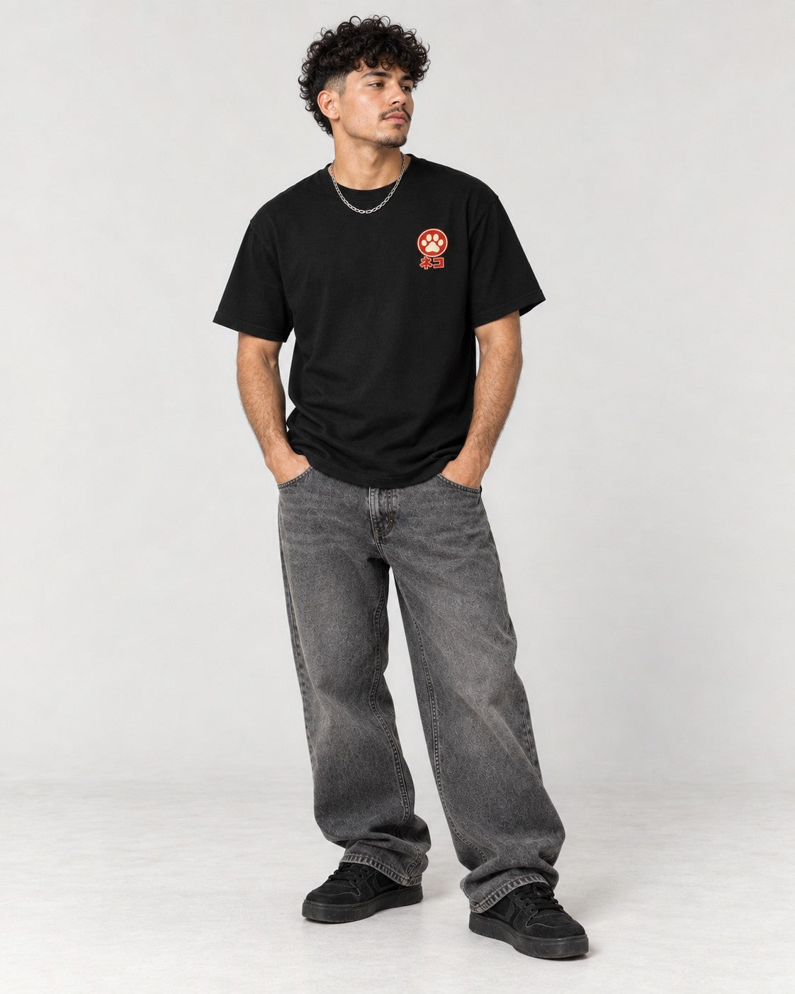 Cat Ramen Back T-Shirt in Black, full body