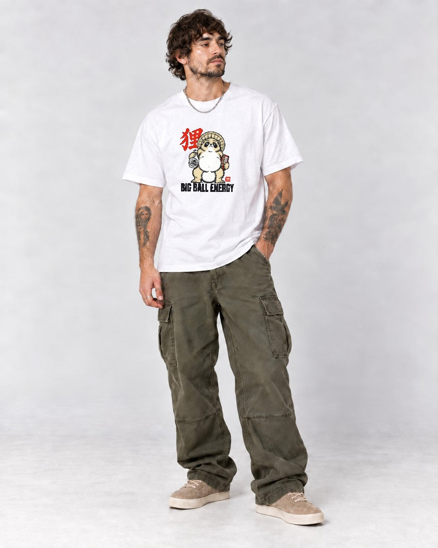Big Ball Energy Tanuki T-Shirt in White, full body