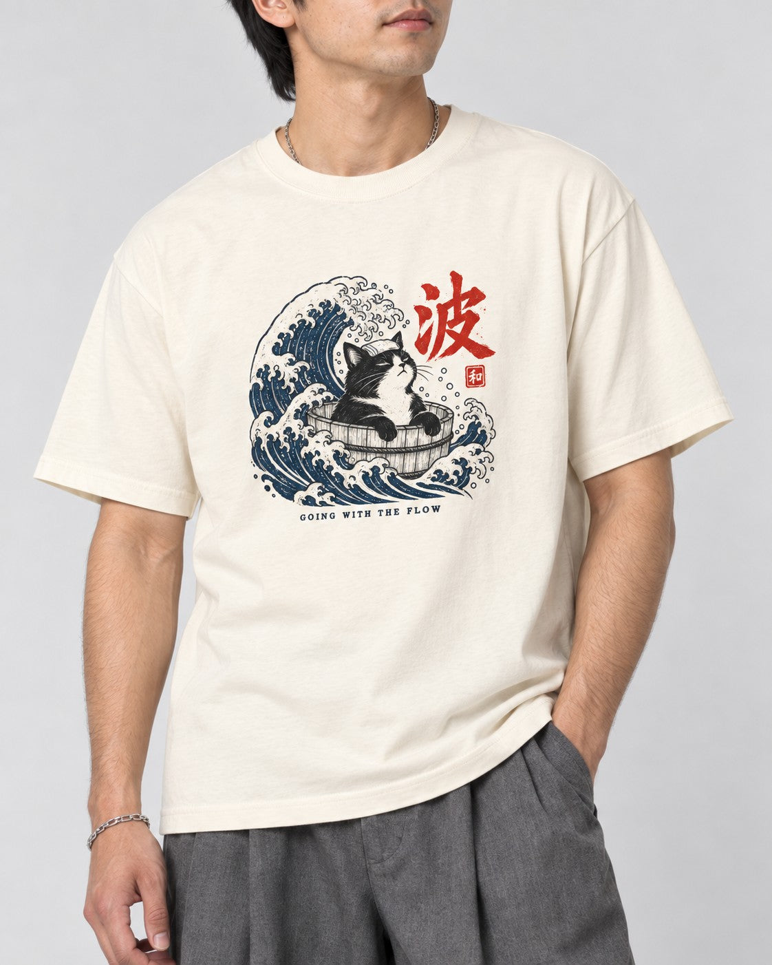 Going with the Flow Great Wave Cat T-Shirt in Ivory, close-up